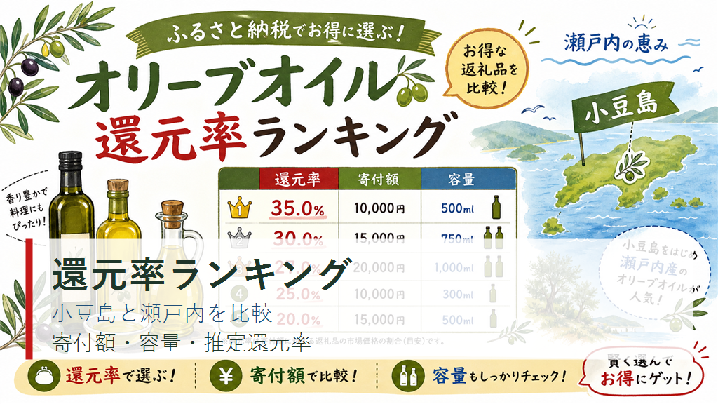 ふるさと納税オリーブオイル還元率ランキング！小豆島と瀬戸内の結論の結論を示す手書き図解