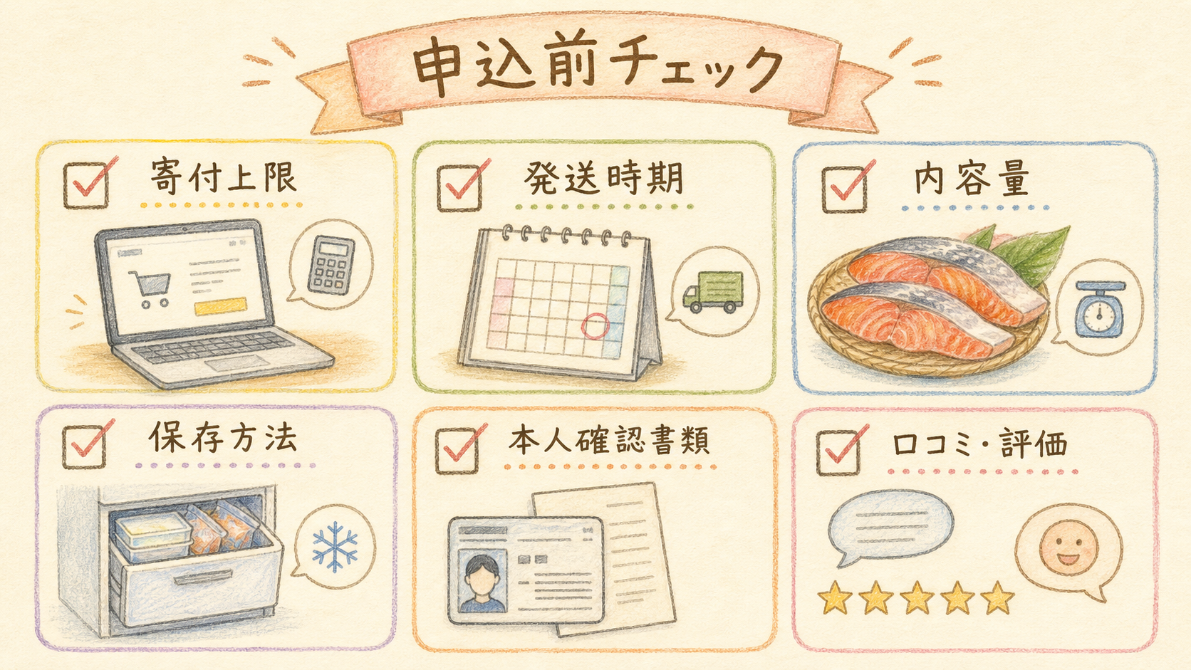 寄付上限、発送時期、内容量を申込前に確認する図解
