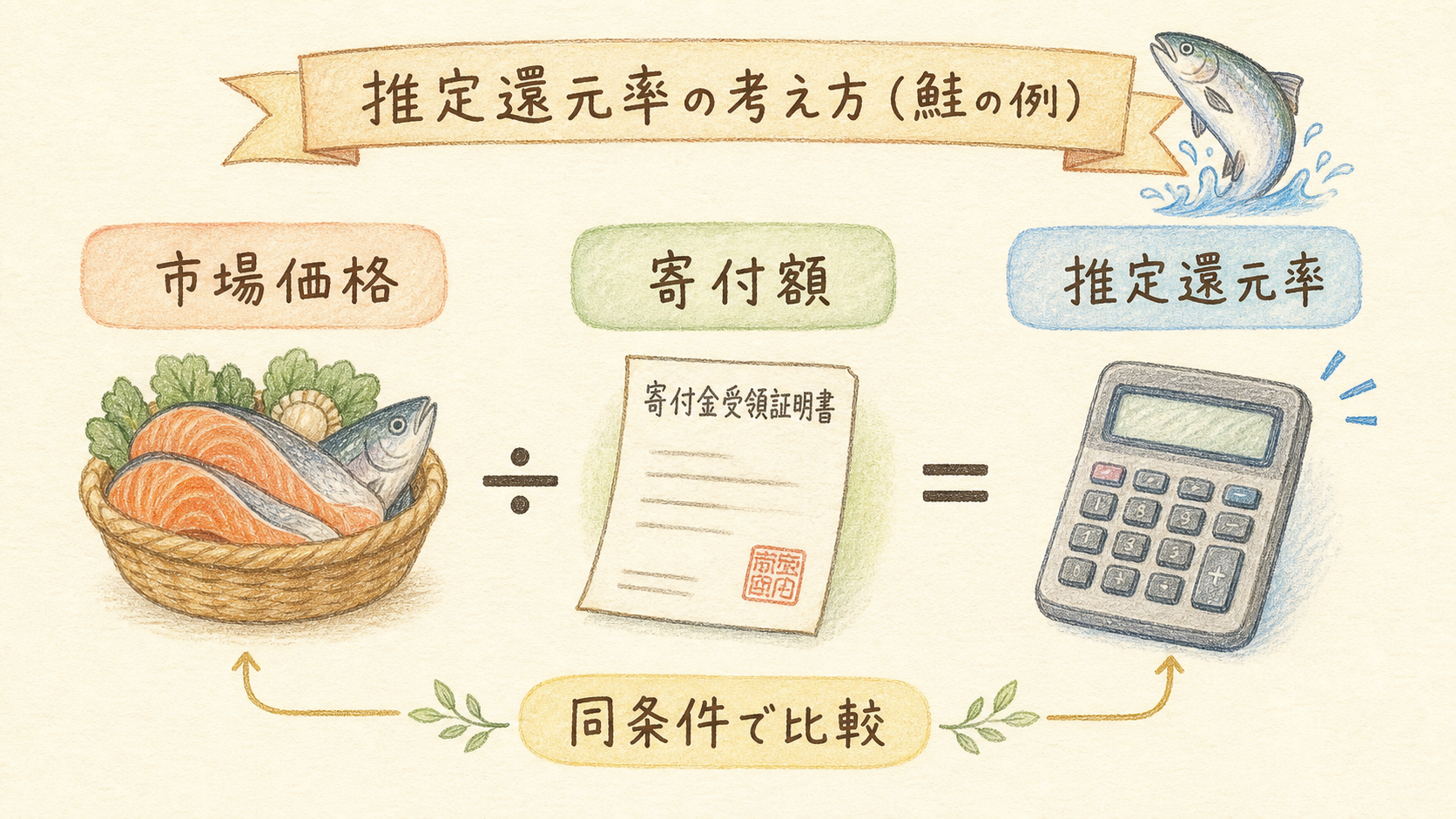 市場価格と寄付額から推定還元率を考える図解
