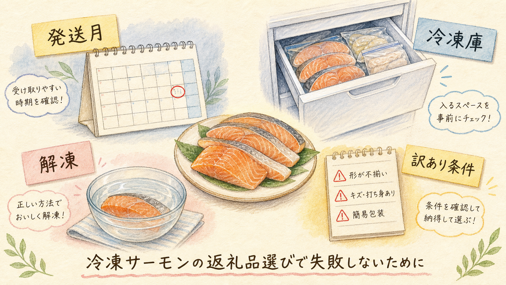 発送月、冷凍庫、解凍方法を確認する図解