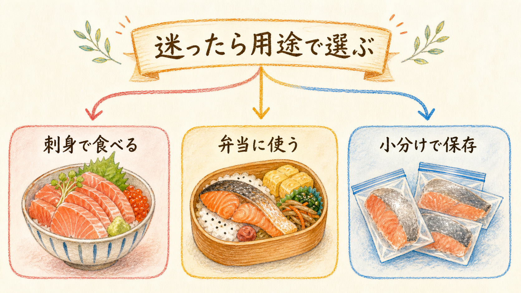 刺身用、弁当、小分け保存でサーモンを選ぶ図解