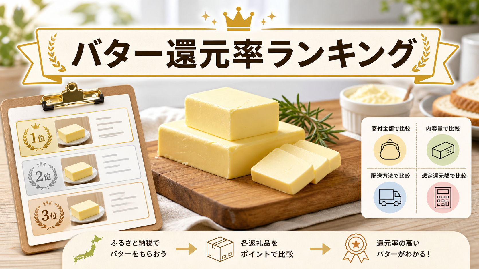 2026年ふるさと納税バター還元率ランキング！冷蔵と容量の第一候補の結論を示す手書き図解